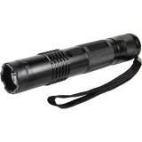 This stun flashlight features a super bright light, is rechargeable, has a safety switch, wrist strap, ad includes a holster for easy carrying.