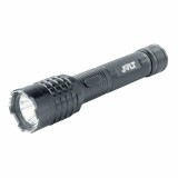 This tactical stun flashlight is high voltage, features sharp spikes around the top of the flashlight, has 3 light modes, safety switch and is rechargeable.