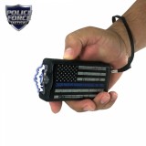 This high voltage stun gun features triple stun technology, a bright LED flashlight, safety switch, a wrist strap with metal disable pin, is rechargeable, and includes a holster.