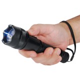 This stun flashlight is high voltage, features a blinding 120 lumen flashlight, safety switch, is rechargeable, and includes a holster.