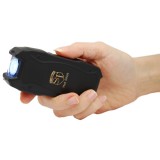 This high voltage stun gun features a bright 100 lumen flashlight, battery meter, safety switch, is rechargeable and includes a holster for easy carrying.