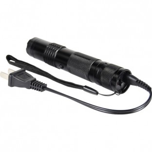 This stun flashlight features a super bright light, is rechargeable, has a safety switch, wrist strap, ad includes a holster for easy carrying.