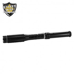 This stun baton features a 14 inch long reach, triple stun technology, blinding light, safety features, has military grade aluminum alloy exterior, and is rechargeable.