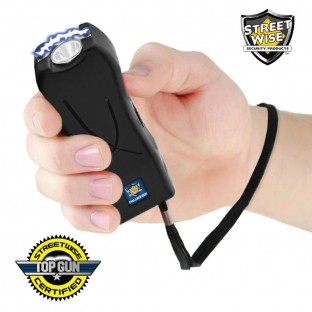Slim design stun gun with bright LED light, safety swtich, and holster with belt loop for easy carrying. Available in Black or Pink.