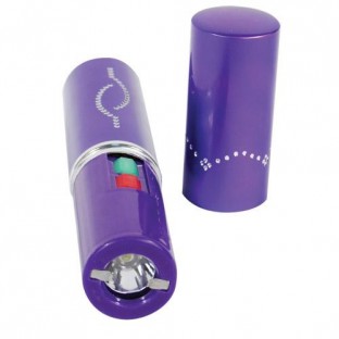 This womens lipstick stun gun is small and portable; it features a flashlight, safety cap, and is rechargeable. Choose from pink, purple, black. red or gold.