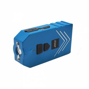 This compact stun gun features a bright 180 lumen flashlight, loud alarm, power bank, is rechargeable and attaches to your keychain for quick access.