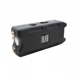 This compact keychain stun gun is high voltage, features a bright LED flashlight, battery indicator lights, safety switch, is rechargeable and includes a holster.