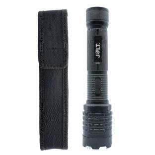 This tactical stun flashlight is high voltage, features sharp spikes around the top of the flashlight, has 3 light modes, safety switch and is rechargeable.