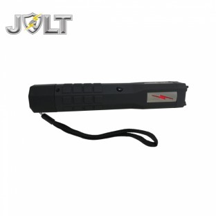 This high powered stun flashlight features grab guard stun strips, a bright XPE LED flashlight with multiple light modes, unique anti-roll design, is rechargeable, and includes a wrist strap and holster.