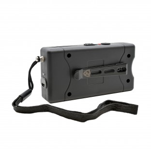 This powerful stun gun features triple stun technology, bright LED flashlight, a disable pin, safety switch, is rechargeable and has a metal clip. 