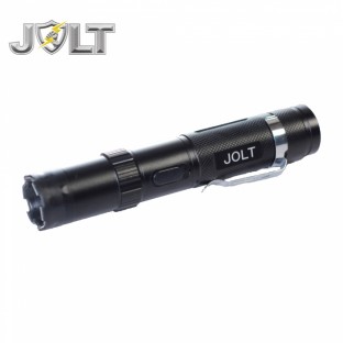 This tactical stun flashlight is around 6 inches long, features a shock proof exterior, blinding light, no slip grip, safety features, is rechargeable, and includes a holster and metal clip.