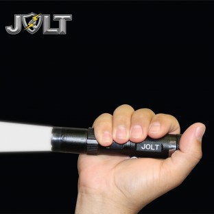 This tactical stun flashlight is around 6 inches long, features a shock proof exterior, blinding light, no slip grip, safety features, is rechargeable, and includes a holster and metal clip.