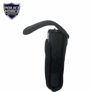 This high voltage stun gun features triple stun technology, a bright LED flashlight, safety switch, a wrist strap with metal disable pin, is rechargeable, and includes a holster.