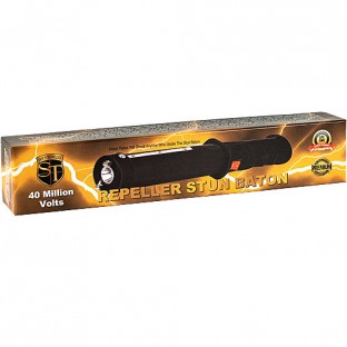 This 12" long stun baton is high voltage and features a loud 120 dB alarm, bright 120 lumen flashlight, and stun strips for extra protection.