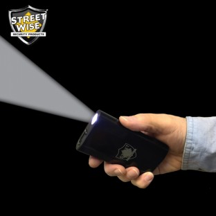 This powerful and discreetly designed stun gun features a bright 180 lumen XPE Cree LED flashlight, incorporates a large capacity 5200 mAh power bank to power your devices, has a safety switch and is rechargeable.