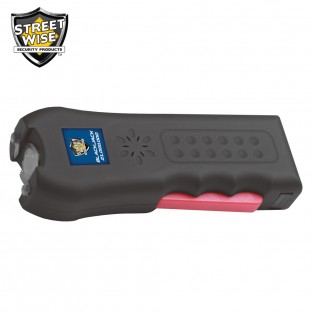 This stun gun mixes the best features in one device with squeeze and stun technology, loud 120dB alarm, safety switch and disable pin, is rechargeable and includes a holster for easy carrying.