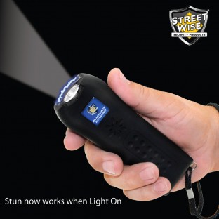 This stun gun mixes the best features in one device with squeeze and stun technology, loud 120dB alarm, safety switch and disable pin, is rechargeable and includes a holster for easy carrying.