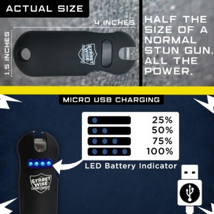 This high voltage stun gun features a touch sensing safety for quicker self defense, attaches to your keys so that you are always ready, has a bright LED flashlight, and is rechargeable.