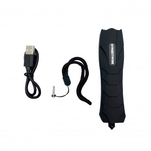 This powerful stun gun features 4 bright LED lights, window breaker / self defense spike, disable pin, heavy-duty belt clip and is rechargeable.
