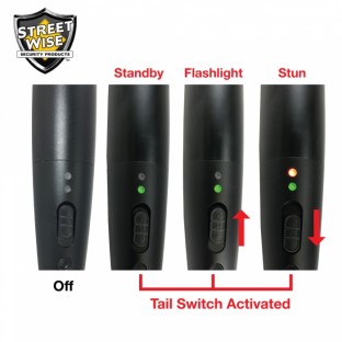This stun baton features a 16 inch long reach, blinding 120 lumen flashlight with 5 light modes, has a military grade aluminum alloy exterior, and is rechargeable.