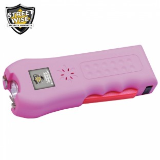 This stun gun features 21 Million Volts, squeeze and stun technology, loud 120dB alarm, safety switch and disable pin, is rechargeable and includes a holster for easy carrying.