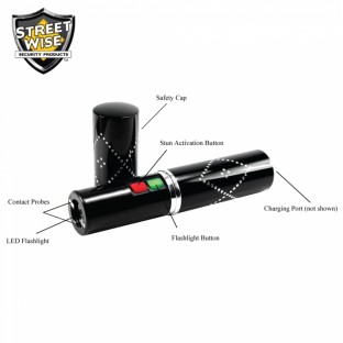 This concealed stun gun is compact and easy to use, it features a bright LED light, safety cap and is rechargeable. 