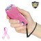 Slim design stun gun with bright LED light, safety swtich, and holster with belt loop for easy carrying. Available in Black or Pink.