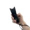 This stun gun features a secure finger groove grip, bright LED light, safety switch, disable pin, and is rechargeable.