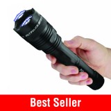 This tactical stun gun flashlight features shock proof exterior, blinding light, safety features, is rechargeable and includes a heavy duty belt clip.