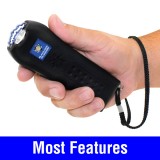 This stun gun mixes the best features in one device with squeeze and stun technology, loud 120dB alarm, safety switch and disable pin, is rechargeable and includes a holster for easy carrying.