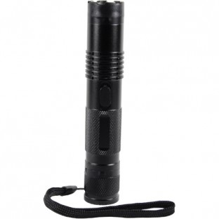 This stun flashlight features a super bright light, is rechargeable, has a safety switch, wrist strap, ad includes a holster for easy carrying.