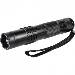 This stun flashlight features a super bright light, is rechargeable, has a safety switch, wrist strap, ad includes a holster for easy carrying.