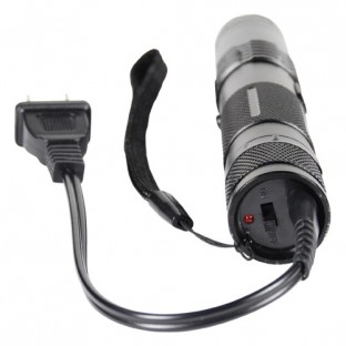 This stun flashlight features a super bright light, is rechargeable, has a safety switch, wrist strap, ad includes a holster for easy carrying.