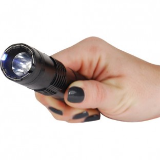 This stun flashlight features a super bright light, is rechargeable, has a safety switch, wrist strap, ad includes a holster for easy carrying.