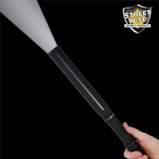 This 18 inch stun baton combines a bright LED flashlight, grab guard stun strips, rubberized armor coating, and holster.