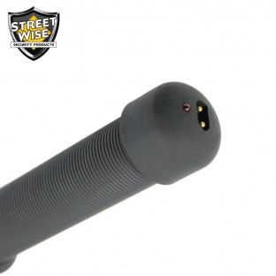 This 18 inch stun baton combines a bright LED flashlight, grab guard stun strips, rubberized armor coating, and holster.