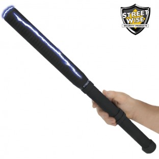 This 18 inch stun baton combines a bright LED flashlight, grab guard stun strips, rubberized armor coating, and holster.