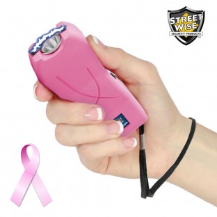 Slim design stun gun with bright LED light, safety swtich, and holster with belt loop for easy carrying. Available in Black or Pink.