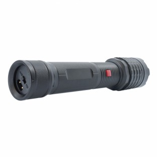 This tactical stun flashlight is high voltage, features sharp spikes around the top of the flashlight, has 3 light modes, safety switch and is rechargeable.