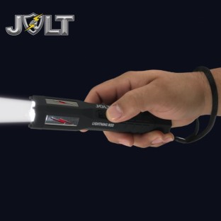 This high powered stun flashlight features grab guard stun strips, a bright XPE LED flashlight with multiple light modes, unique anti-roll design, is rechargeable, and includes a wrist strap and holster.