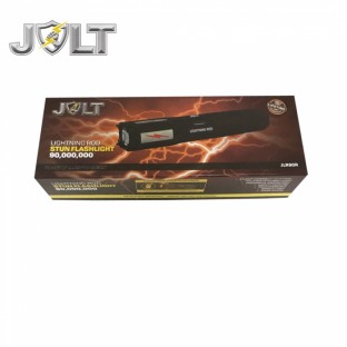 This high powered stun flashlight features grab guard stun strips, a bright XPE LED flashlight with multiple light modes, unique anti-roll design, is rechargeable, and includes a wrist strap and holster.