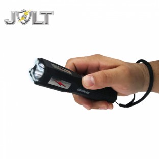 This high powered stun flashlight features grab guard stun strips, a bright XPE LED flashlight with multiple light modes, unique anti-roll design, is rechargeable, and includes a wrist strap and holster.