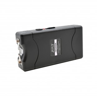 This powerful stun gun features triple stun technology, bright LED flashlight, a disable pin, safety switch, is rechargeable and has a metal clip. 