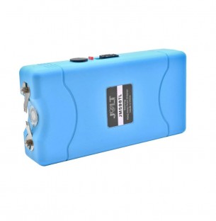 This powerful stun gun features triple stun technology, bright LED flashlight, a disable pin, safety switch, is rechargeable and has a metal clip. 