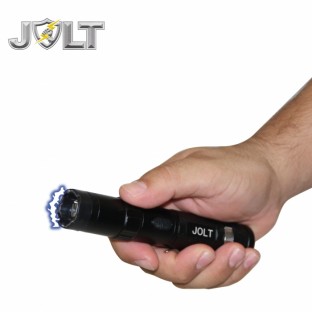 This tactical stun flashlight is around 6 inches long, features a shock proof exterior, blinding light, no slip grip, safety features, is rechargeable, and includes a holster and metal clip.