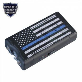 This high voltage stun gun features triple stun technology, a bright LED flashlight, safety switch, a wrist strap with metal disable pin, is rechargeable, and includes a holster.