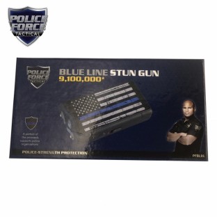 This high voltage stun gun features triple stun technology, a bright LED flashlight, safety switch, a wrist strap with metal disable pin, is rechargeable, and includes a holster.