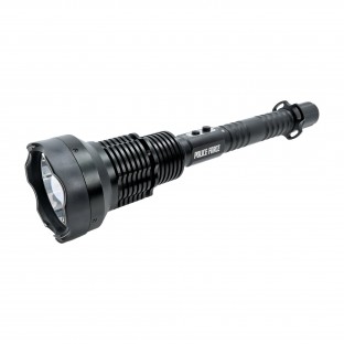 This 13" long stun flashlight is high voltage and ultra-bright with 1200 lumens, a 3" diameter head intensifies the light, it features 5 light modes, is rechargeable and includes an adjustable strap for easy carrying.