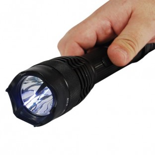 This stun flashlight features 85 million volts, blinding 120 lumen flashlight, no slip grip, safety switch, is rechargeable and includes a holster.