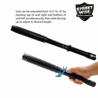 This stun baton is adjustable from 16.5" to 19" long, features triple stun technology, ultra bright XPE LED light with 5 light modes, is rechargeable, has two levels of safety, and includes a holster with belt loop.